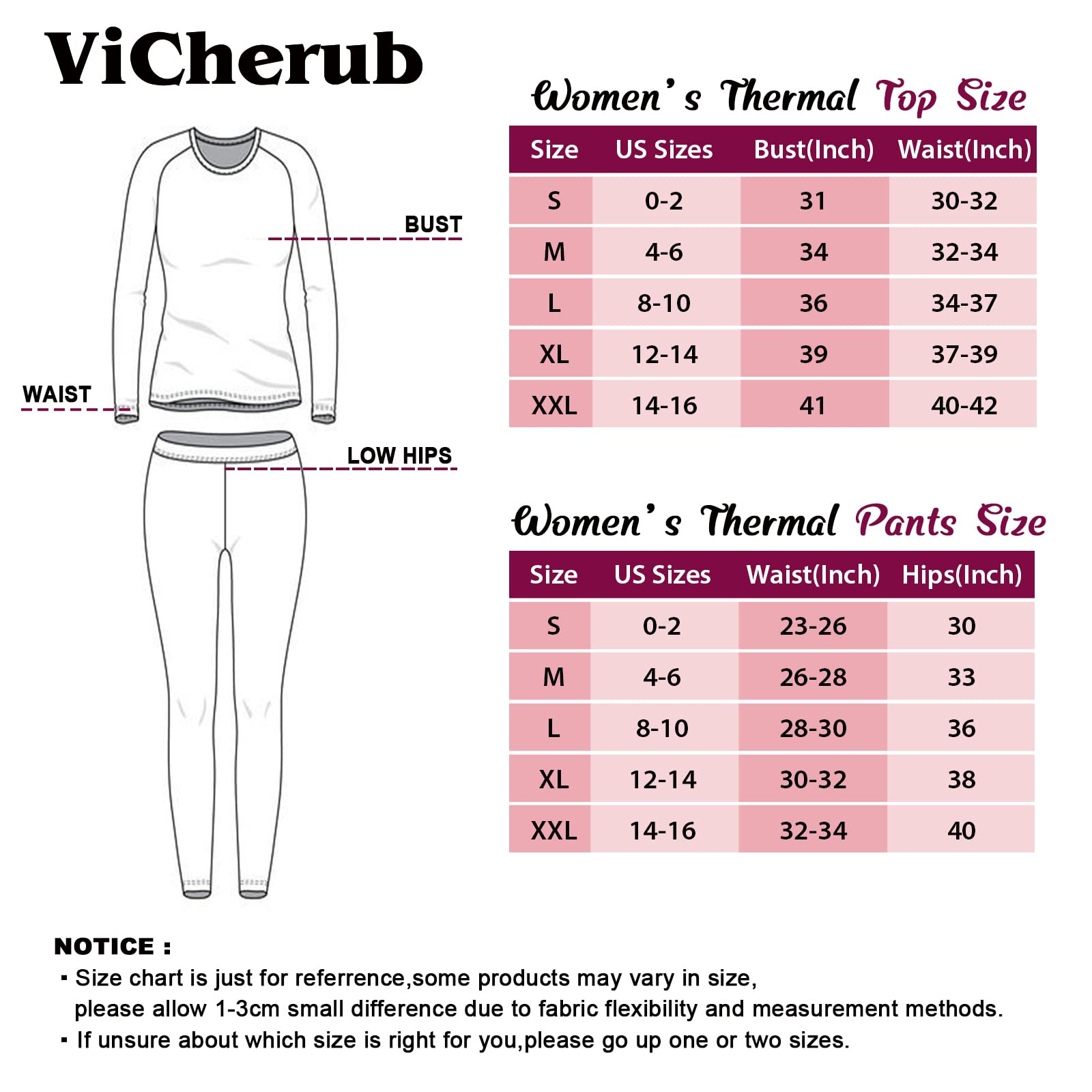 ViCherub Thermal Underwear Set for Women Long Johns Base Layer Fleece Lined Soft Top Bottom
