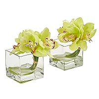Cymbidium Orchid Artificial Glass Vase (Set of 2) Silk Arrangements, Green
