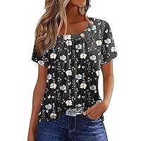 Womens Short Sleeve Tops Casual Vintage Tees for Women 2024 Summer Floral Print Button Splice Fashion Trendy with Short Sleeve Scoop Neck Shirts Black Small