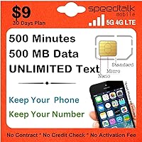 $9 GSM SIM Card for Smart Phones - Unlimited Text, 500 Mins Talk, and 500MB 5G 4G LTE Data - 30 Days Nationwide Cellphone Plan Service