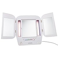 JERDON Modern Tri-Fold Makeup Mirror with Lights - Vanity Mirror with 5X Magnification & Multiple Light Settings - White Base - Model JGL10W