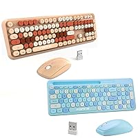 FOPETT Wireless Keyboard and Mouse-100 Keys and 104 Keys Full Sized for Windows/Laptop/PC/Notebook - Milk Tea Color and Blue Colorful