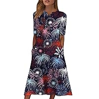 Women's Dresses 2024 V-Neck Short Sleeve Dress Polka Printing Casual with Pockets Summer Dresses, S-2XL