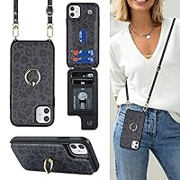 for iPhone 11 Phone Case with Card Holder and Strap for Women,Crossbody Lanyard,Kickstand Ring Stand,Snap Clasp,Cute Phone Wallet Cases 6.1 inch(Black Leopard)