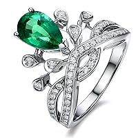 Fancy Emerald Gemstone Pear Cut Solid 14K White Gold Diamond Wedding Engagement Promise Ring Set for Women