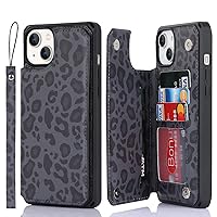 Cavor for iPhone 14 Case with Card Holder,iPhone 14 Wallet Case for Women Men,Phone Case for iPhone 14 Case Cute with Stand & Strap,Leopard Grain Shockproof Protective Credit Cards Cover-Black