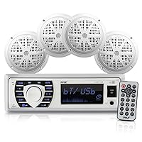 Marine Radio Receiver Speaker Set 12v Single Din Style Bluetooth Compatible Waterproof Digital Boat In Dash Console System with Mic 4 Speakers, Remote Control, Wiring Harness PLMRKT38W (White)