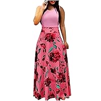 Women's Bohemian Beach Flowy Round Neck Trendy Dress Casual Summer Swing Foral Print Hawai Sleeveless Long Floor Maxi Pink