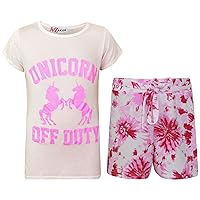 Kids Girls Shorts Set Unicorn Off Duty Summer Outfit Fashion Top & Short 7-13 Yr