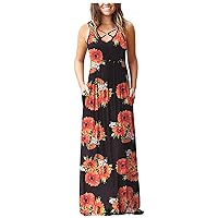 XJYIOEWT Womens Dresses Plus Size Special Occasion, Women's Pocket Sleeveless Dress Loose Printed Long Casual Summer V-
