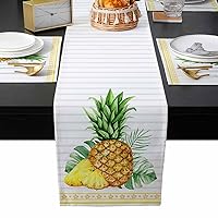 Pineapple Palm Leaves Table Runner with Placemats Set of 4, Cotton Linen Kitchen Dining Mats Long Table Cover 13x90 Tropical Summer Fruit Grey Stripe Table Mats Set for Living Room/Dresser/Dining