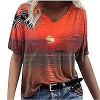 Prime Deals Of The Day Today Only Women V Neck Tshirt Oversized Beach Palm Printing Tops Casual Trendy Workout Shirts 2024 Loose Fit Tunic Blouses Casual Cute Blouses For Women