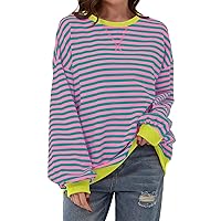 AlvaQ Womens Oversized Sweatshirt 2024 Casual Crewneck Long Sleeve Colorblock Striped Pullover Tunic Tops Outfits