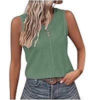 Tank Top for Women Trendy Casual Eyelet Embroidery Sleeveless Tshirt Tops V Neck Button Dressy Tunic Blouse Loose Comfy Tees