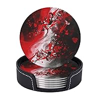 Drink Coasters Set of 6 Leather Coasters with Holder Red Black White Abstract Round Coaster for Drinks Tabletop Protection Cup Mat Heat Resistant Coffee Cup Mat 4