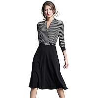 LAI MENG FIVE CATS Women's V Neck Business Striped/Gingham/Solid Work A line Midi Dress