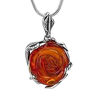 Copal Ladies Amber Necklace Sterling Silver 925 Flower Pendant Rose Brown Adjustable Length Eco Packaging Gift for Women, Amber, amber necklace