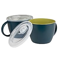 KooK Soup Mugs, Soup Cups with Lid, Microwavable Soup Bowl with Handles, Ceramic with Plastic Lid, for Overnight Oats, Travel Cups, Oversized Coffee Mug, Cereal, 25 Oz, Set of 2, Navy/Chartreuse