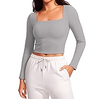 CRZ YOGA Womens Butterluxe Double Lined Long Sleeve Crop Top Square Neck Workout Athletic Casual Cropped Fitted Basic Shirts
