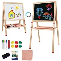 Adjustable Wooden Easel for Kids, Standing Art Easel for Kids 3, 4, 5, 6, 7, 8 Years Old Boy & Girls, Foldable Toy Painting Easel for Children with Chalkboard & Magnetic Whiteboard