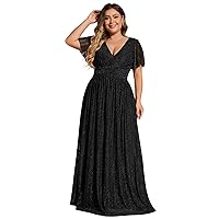 Ever-Pretty Women's A Line V Neck Short Sleeves Pleated Plus Size Maxi Evening Dresses 11961-DA