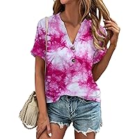 Business Casual Tops for Women, Fashion Women's Loose Plain V Neck Button Short Sleeve Summer 2024 Shirts, S XXL