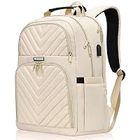 Travel Laptop Backpack for Women, 15.6 Inch Quilted Work Backpack Purse with USB Charging Port, School Backpack for Teens Girls Boys, Large Anti-theft Teacher Student Bookbags, Casual Daypacks, Beige