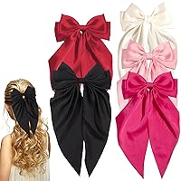 MHDGG 5Pcs Silky Satin Hair Bows for Women,5 Color Hair Bows Clips for Women Oversized Long Tail Hair Bows Hair Barrettes Hair Accessories Gifts Bowknot Aesthetic (Black Beige Pink Rose Red)