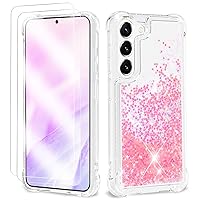 ANSHOW for Samsung Galaxy S23 5G Case, Shockproof Clear TPU Liquid Glitter Case with 2 Screen Protectors, Bling Light Pink Glitters Case for Samsung S23 5G for Women