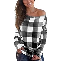 Women's Off Shoulder Tops Long Sleeve Casual Loose Blouse Plaid Tee Shirt