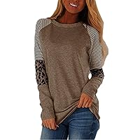 Andongnywell Women's Casual Color Block Tunic Tops Blouse Ladies Leopard Print Round Neck Long Sleeve T-Shirt (Dark Khaki,X-Large)