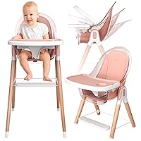 Children of Design 6 in 1 Deluxe Wooden High Chair for Babies & Toddlers Modern Safe Compact Baby Highchair, Easy to Clean, Removable Tray & Cushion, 6 Options 3 Seat Positions 2 Heights (Pink)