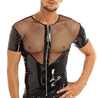 YiZYiF Men's PVC Wet Look Leather Fishnet Tees Short Sleeve Zipper Summer T-Shirt Top
