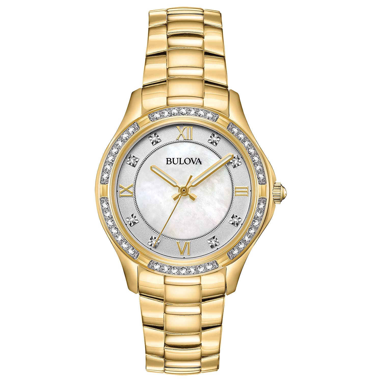 Bulova Ladies' Crystal Stainless Steel 3-Hand Quartz Watch, White Mother-of-Pearl Dial