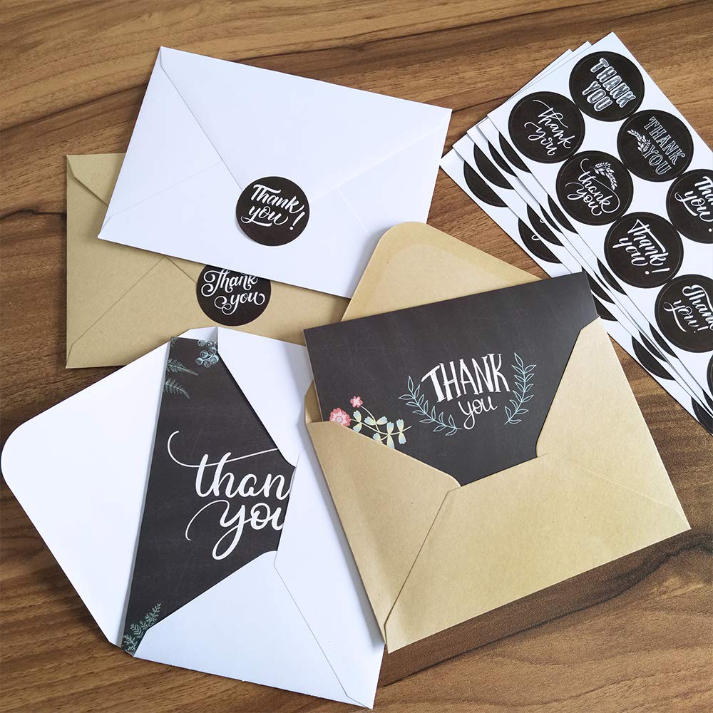 Supla 150 Sets Thank You Cards with Envelopes Stickers Bulk Thank You Notes 6 Designs of Chalkboard Floral Thank You Note Cards Vintage Blank Thank You Card 4 x 6 for Wedding Bridal Baby Shower