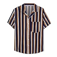 Hawaiian Shirts for Mens Casual Beach Cuban Collar Striped Printed Tops Holiday Short Sleeve Buttons Down Shirt Navy
