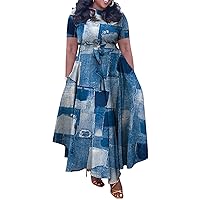 Summer Plus Size Maxi Dress for Women Floral Print Short Sleeve High Waist Flowy Long Dresses with Belt