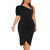 KIMCURVY Women's Plus Size One Shoulder Ruched Wrap Cocktail Party Glitter Midi Dress