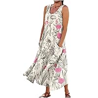 Summer Dresses for Women 2024 Printed Trendy Dress with Pocket Sleeveless Swing Dresses Flowy Lightweight Sun Dress