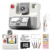 Kids Camera Instant Print, 180° Flip Lens 24MP & 1080P Selfie Camera Christmas Birthday Gifts Toys for Toddle Children Girls Boys Age 3-12 - White