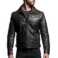 Men's Vintage Black Real Lambskin Leather Motorcycle Fashion Jacket.