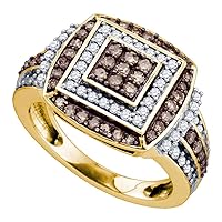 The Diamond Deal 10kt Yellow Gold Womens Round Brown Diamond Square Cluster Ring 1.00 Cttw
