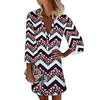 July 4th Clothing Patriotic Dress for Women Sexy Casual Vintage Print with 3/4 Length Sleeve Deep V Neck Independence Day Dresses Hot Pink Large