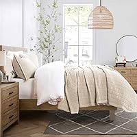 EVERGRACE Cotton Quilt Set King Size, Ultra Soft Stonewashed Oversized Bedspread Coverlet Set, Lightweight Crinkle Box Stitch Bedding Sets for All Season, with 2 Matching Shams, Flax Beige