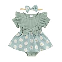 Newborn Baby Girls Daisy Romper Dress Summer One-Piece Clothes Short Sleeve Jumpsuit Floral Onesie Headband