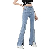 SweatyRocks Girl's Casual High Waisted Zip Up Jeans Flare Leg Split Hem Long Denim Pants