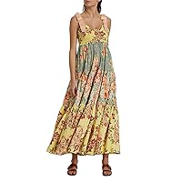 Women's Summer Cami Dress Boho Spaghetti Tie Strap Square Neck Floral Ruffle A Line Beach Long Maxi Swing Dress Sundress