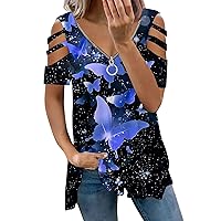 Cotton Long Sleeve Tee Shirts for Women Womens Fashion Zipper Strapless Short Sleeve Butterfly Print T Shirt S