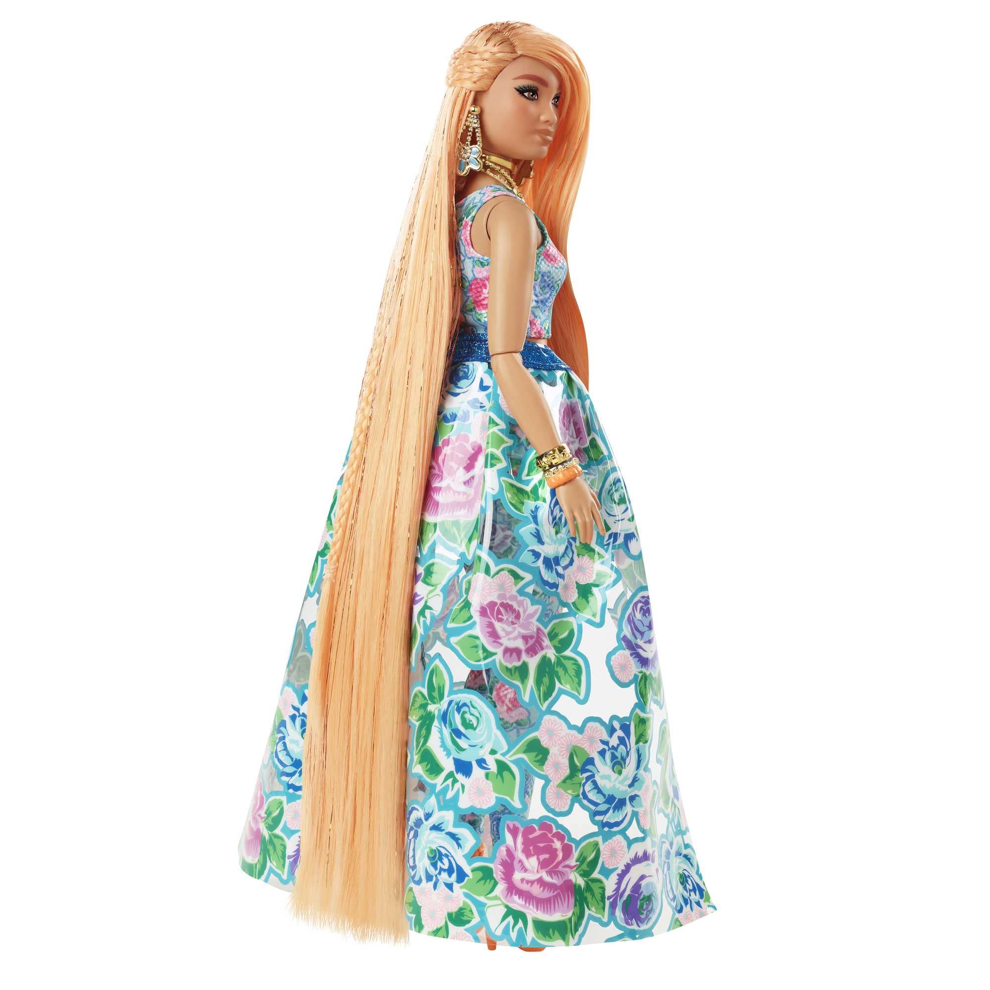 Barbie Extra Fancy Fashion Doll & Accessories with Curvy Shape & Orange Hair in Floral 2-Piece Gown with Pet Kitten