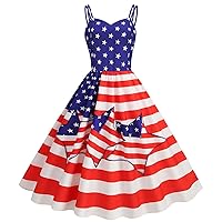 Summer Dresses for Women 2024 Maxi Work,Independence Day Female Summer Sexy Suspender Flag Print Vintage Large